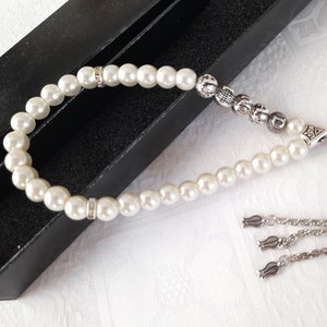 Tesbih de perla personalizado, cuentas de oración islámicas, borla plateada y tasbih con nombre