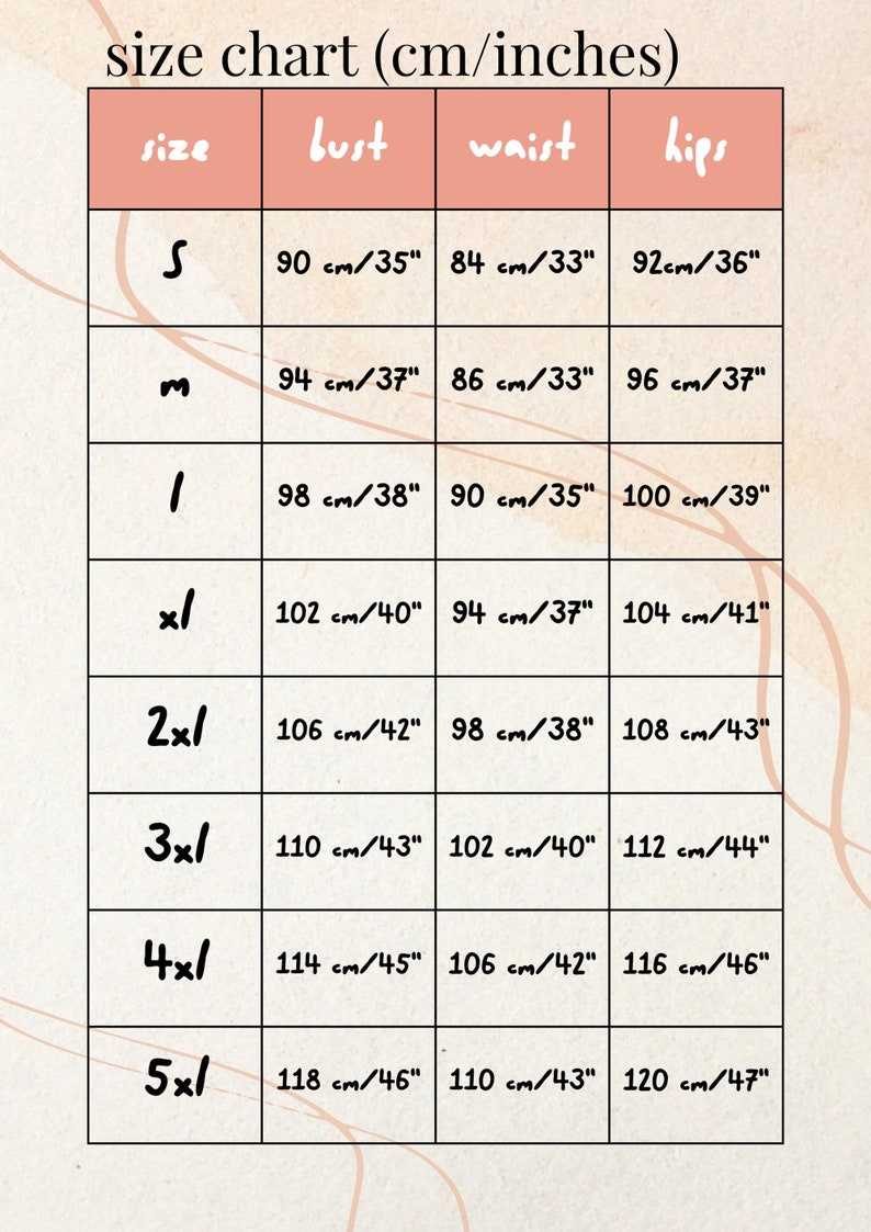 May include: A size chart with measurements in centimeters and inches. The chart includes sizes S to 5XL, with bust, waist, and hip measurements. For example, size S is 35 inches bust, 33 inches waist, and 36 inches hips.
