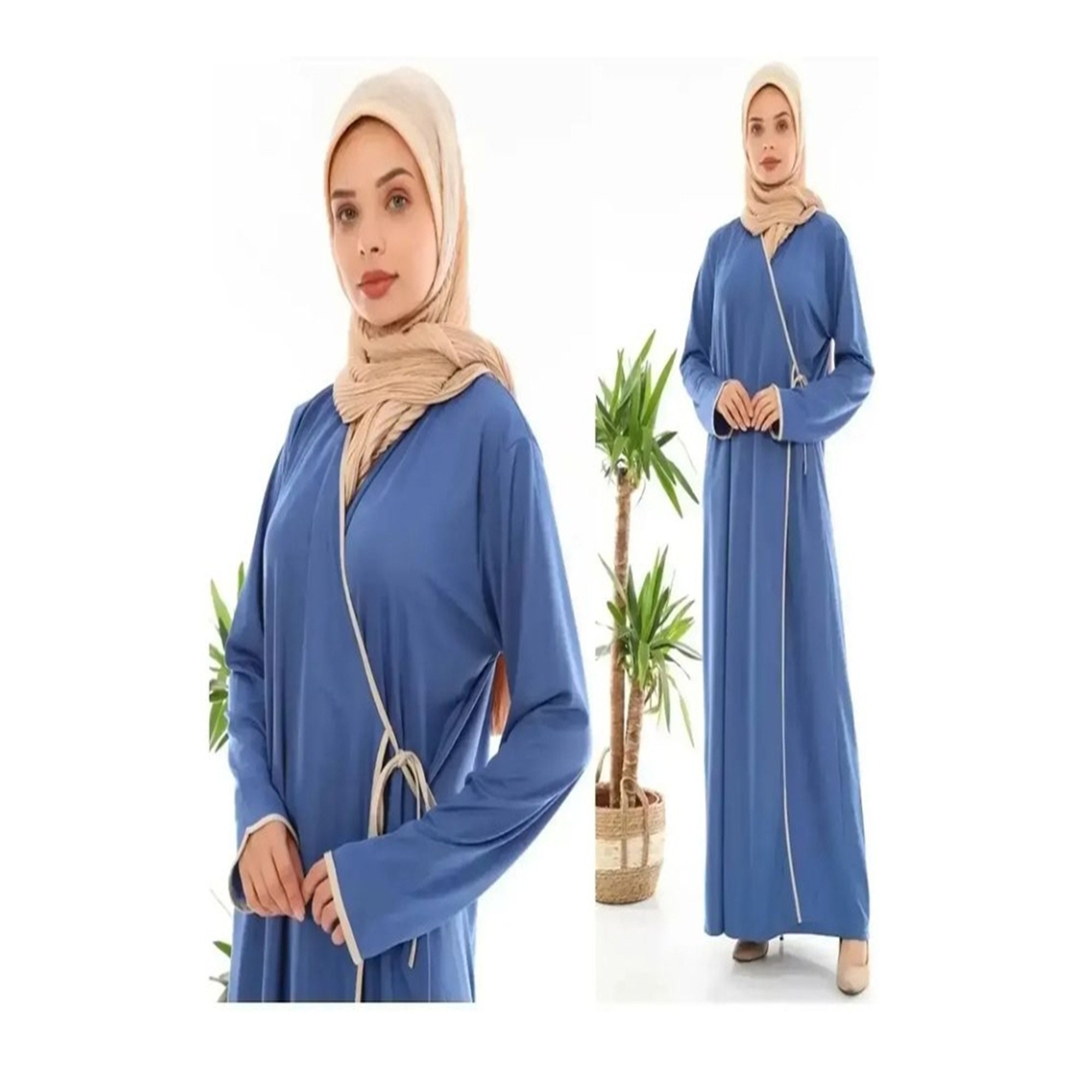 Musulmano Burqa Abaya Donne Hijab Abiti Preghiera Indumento 2 Peices Set Burka Niqab Lungo Khimar Kaftan Robe Jilbab Abbigliamento Islamico Bianco M - Foto 5