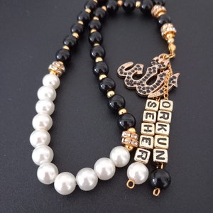 Personalized Onyx & Pearl Prayer Beads: Custom Muslim Tasbih with Gold Allah Charm