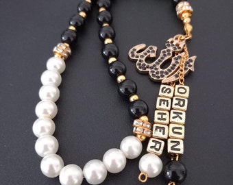 Luxury Personalized Black White Prayer Beads, Onyx and Pearl Tesbih Custom Name Tasbih, Masbaha with Allah, Crafted in Gold, Muslim Subha