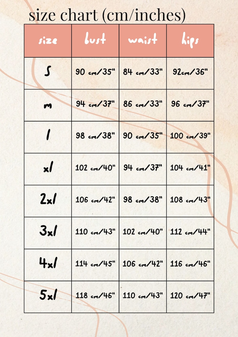 May include: A size chart with measurements in centimeters and inches. The chart includes sizes S to 5XL, with bust, waist, and hip measurements. For example, size S is 35 inches bust, 33 inches waist, and 36 inches hips.