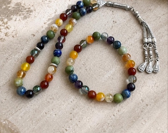 7 Chakra Prayer Beads and Bracelet Set, Clear Quartz Amethyst Lapis Jade Citrine Agate Tasbih, Healing Crystal Rosary, Yoga Meditation Gift