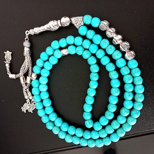 Real Natural Blue Turquoise Tesbih, 33 or 99 Beads, Handmade Muslim Prayer Beads, Personalized Islamic Tasbih, Turkish Turquoise Beads