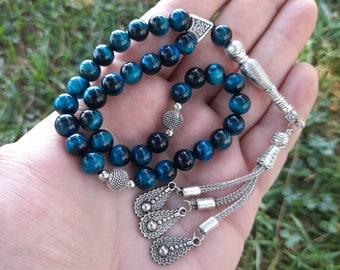 Blue Tiger Eye Tasbih: 33-Bead Muslim Prayer Beads