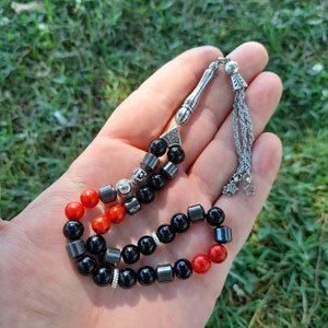Luxury Personalized Tasbih, Islamic Muslim Prayer Beads, Turkish Custom Tesbih, Subha, Misbaha, Red and Black Beads