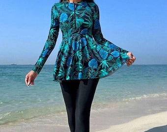 Green Palm Print Semi Covered Burkini Set, 2 Piece Modest Swimsuit, Long Sleeve Hijab Swimwear, Modest Swim Dress, Islamic Beachwear