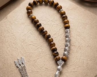Tasbih Nome Personalizzato con Pietra Occhio di Tigre, Perle di Preghiera Rotonde, Rosario Personalizzato Regalo Islamico, Perle di Preghiera Musulmane, Masbaha, Subha