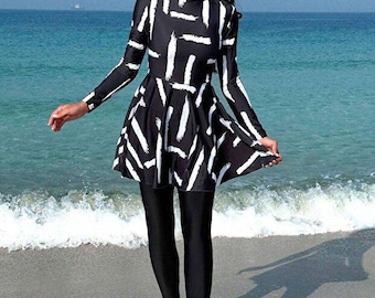 Black and White Patterned Semi Covered Burkini Set, Modest Swimsuit, Long Sleeve Hijab Swimwear, Modest Swim Dress, Islamic Beachwear