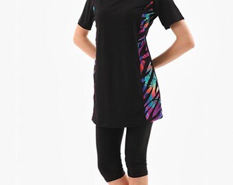 Semi Covered Burkini Set, Black Modest Swimsuit with Leggings & Cap, 3 Piece Islamic Swimwear Women, Short Sleeve Lycra Beachwear