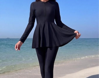 Black 2 Piece Modest Swimwear for Women, Semi Covered Burkini, Zippered Islamic Swimsuit, Modest Swimsuit with Leggings, Muslim Swimwear