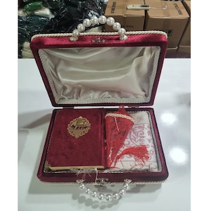 Velvet Quran, Prayer Mat and Prayer Beads In Cone, Special Bag - Islamic Gift Set