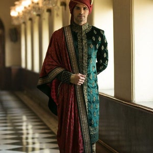 Mens Indian Latest Design For Green Velvet Indo Western Sherwani Groom Wedding Party Wear Engagement Function Occasion Ethnic Dress Outfit