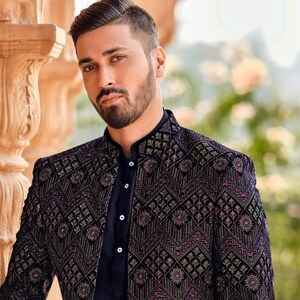 Mens Indian Latest Design For Black Indo Western Sherwani Groom Wedding Party Wear Engagement Function Occasion Ethnic Dress image 1