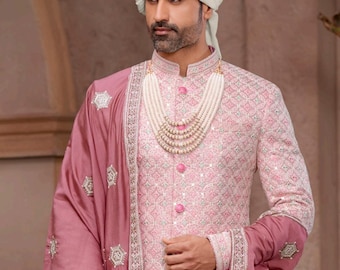 Mens Indian Latest Design For Pink Indo Western Sherwani Groom Wedding Party Wear Engagement Function Occasion Ethnic Dress