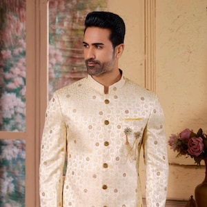 Mens Indian Latest Design cream Indo Western Sherwani Groom Wedding Party Wear Engagement Function Occasion Ethnic Dress