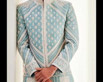 Mens Indian Latest Design For sky blue colour Indo Western Sherwani Groom Wedding Party Wear Engagement Function Occasion Ethnic Dress