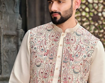 Mens Indian Latest Design For Cream Kurta pajama jacket  Groom Wedding Party Wear Engagement Function Occasion Ethnic Dress