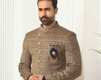Mens Indian Latest Design For Brown Indo Western Sherwani Groom Wedding Party Wear Engagement Function Occasion Ethnic Dress