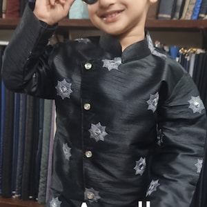 Boys Kids Black Printed Kurta Grey Dhoti Marriage Engagement Function Occasion Traditional Eid Diwali Ethnic Dance Party wear fancy Dress.