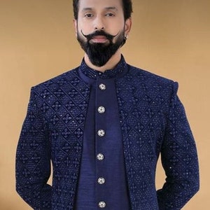 Mens Indian Latest Design For  Blue  Indo Western Sherwani Groom Wedding Party Wear Engagement Function Occasion Ethnic Dress