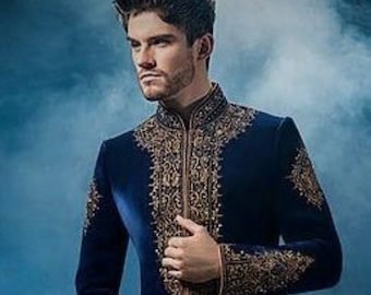 Mens Indian Latest Design For Blue Indo Western Sherwani Groom Wedding Party Wear Engagement Function Occasion Ethnic Dress