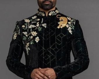 Mens Indian Latest Design For Black Indo Western Sherwani Groom Wedding Party Wear Engagement Function Occasion Ethnic Dress