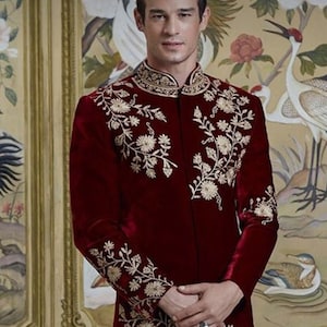 Mens Indian Latest Design For Red velvet Anarkali Indo Western Sherwani Groom Wedding Party Wear Engagement Function Occasion Ethnic Dress