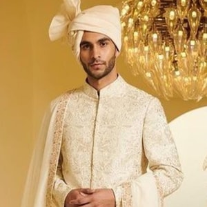 Mens Indian Latest designs Cream colour Sherwani Groom Wedding Party Wear Engagement Function Occasion Ethnic Dress