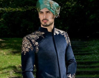 Mens Indian Latest Design For Blue Indo Western Sherwani Groom Wedding Party Wear Engagement Function Occasion Ethnic Dress