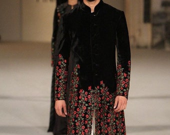 Mens Black Velvet Jodhpuri Achkan Indo Western Sherwani Groom Wedding Party Wear Engagement Function Occasion Ethnic Indian Design Dress