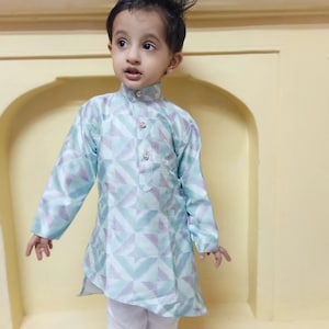 Boys Kids See Green Printed Kurta White Pajama Marriage Engagement Function Occasion Traditional Eid Diwali Ethnic Dance Party wear