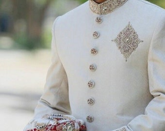 Mens Indian Latest Design For Cream Indo Western Sherwani Groom Wedding Party Wear Engagement Function Occasion Ethnic Dress