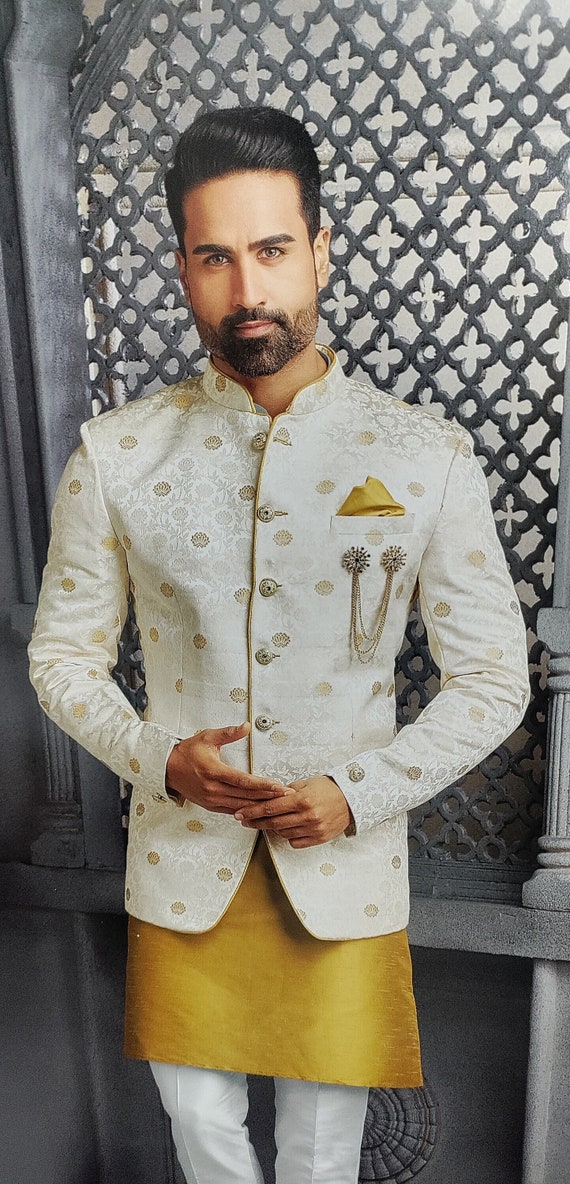 Mens Indian Latest Design For Cream jodhpur mastard kurta White pants Groom Wedding Party Wear Engagement Function Occasion Ethnic Dress Mens Indian Latest Design For Cream jodhpur mastard kurta White pants Groom Wedding Party Wear Engagement Function Occasion Ethnic Dress