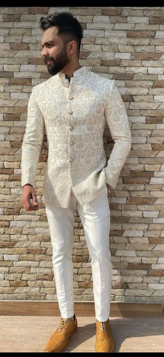 Mens Indian Latest Design for Cream Jodhpur Cream Pants Groom Wedding Party  Wear Engagement Function Occasion Ethnic Dress 