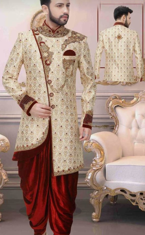 Mens Indian Latest Design for Cream Indo Western Sherwani Groom