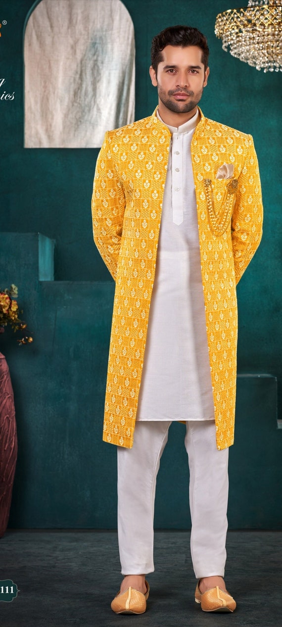 Mens Indian Latest Design for Yellow Indo Western Sherwani Groom Wedding  Party Wear Engagement Function Occasion Ethnic Dress - Etsy Denmark
