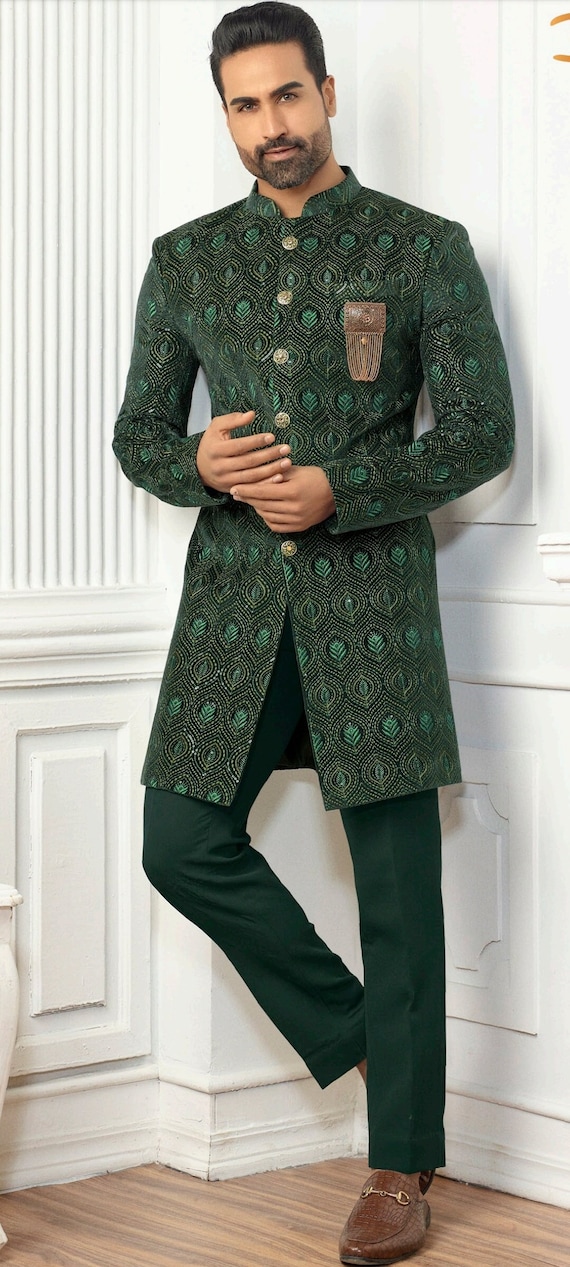 Buy Rani and Wine Velvet Fancy and Print Work Indo Western Sherwani for  Engagement : 272467 -