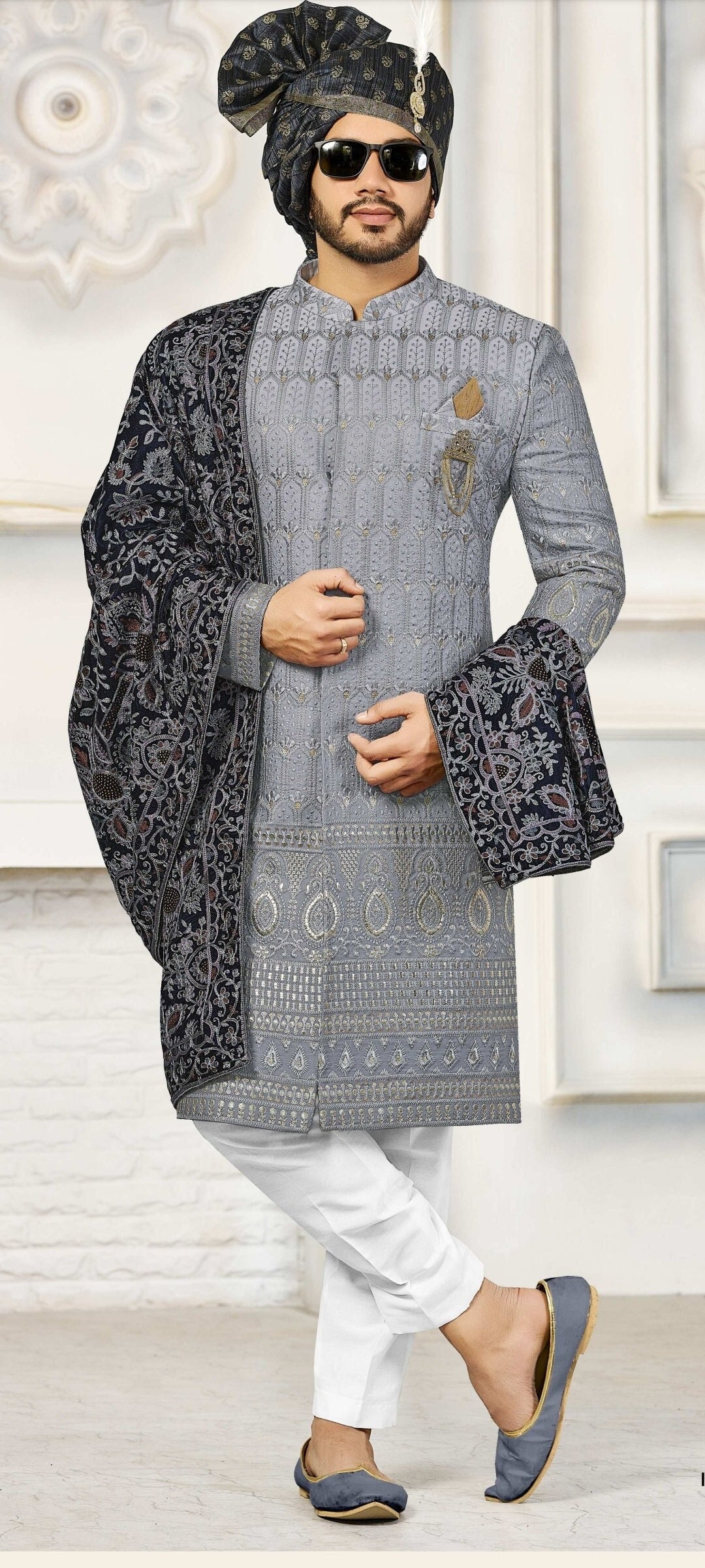 Mens Indian Latest Design for Grey Indo Western Sherwani Groom