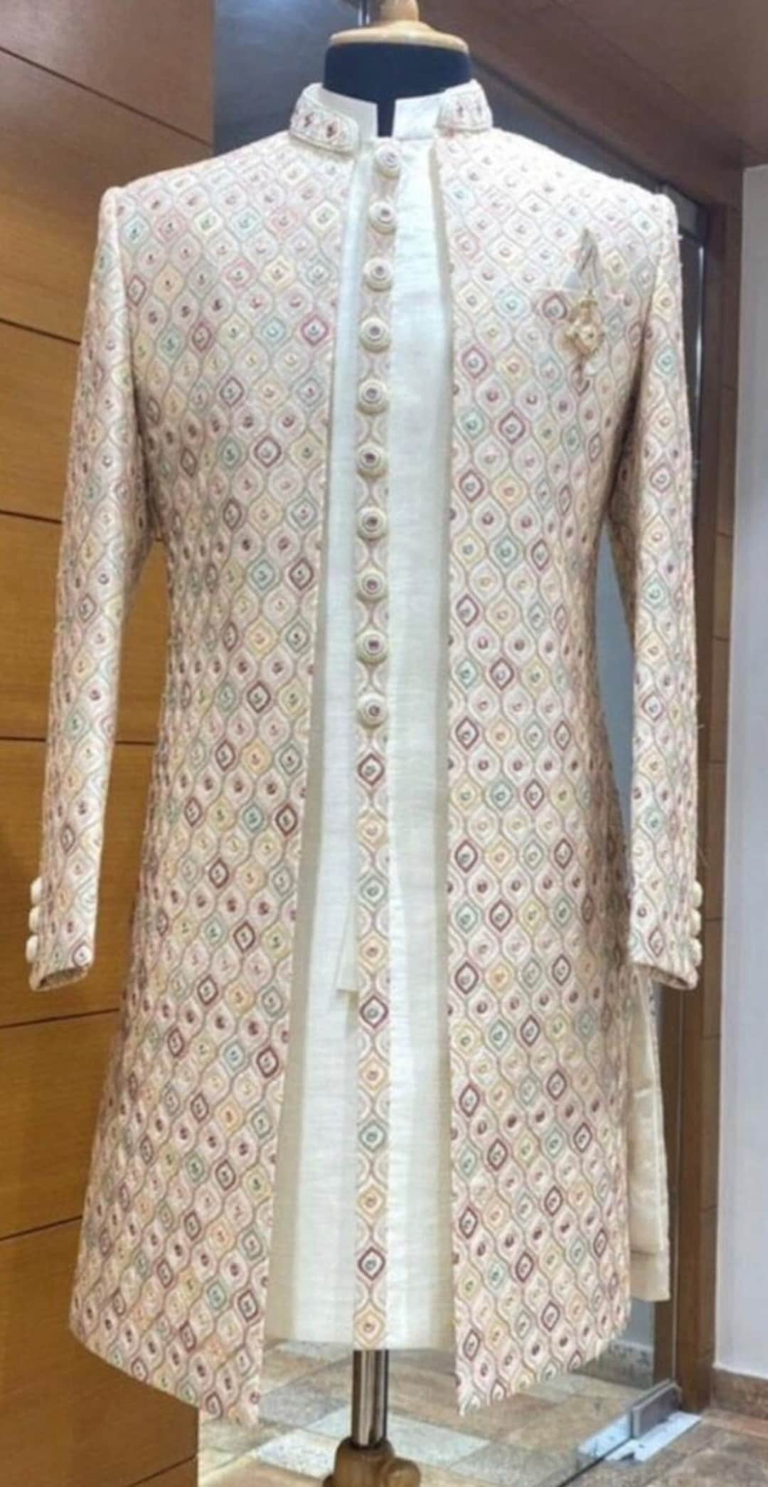 Men's Blue & Pink Self-Design Sherwani Set – Elegant Ethnic Wear | Indiaista