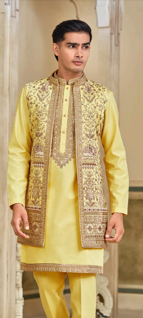 Mens Indian Latest Design For Yellow jacket Yellow kurta pajama Groom Wedding Party Wear Engagement Function Occasion Ethnic Dress