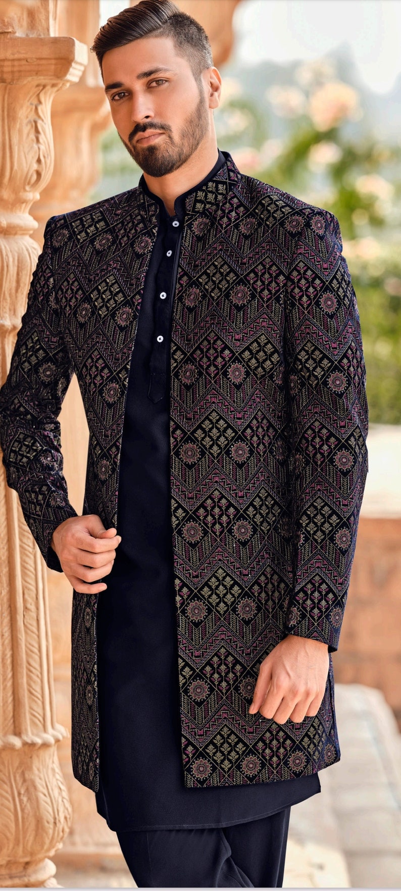 Mens Indian Latest Design For Black Indo Western Sherwani Groom Wedding Party Wear Engagement Function Occasion Ethnic Dress image 1