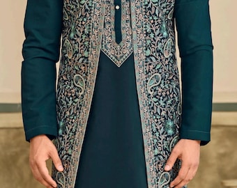 Mens Indian Latest Design For turkish green colour  Indo Western Sherwani Groom Wedding Party Wear Engagement Function Occasion Ethnic Dress