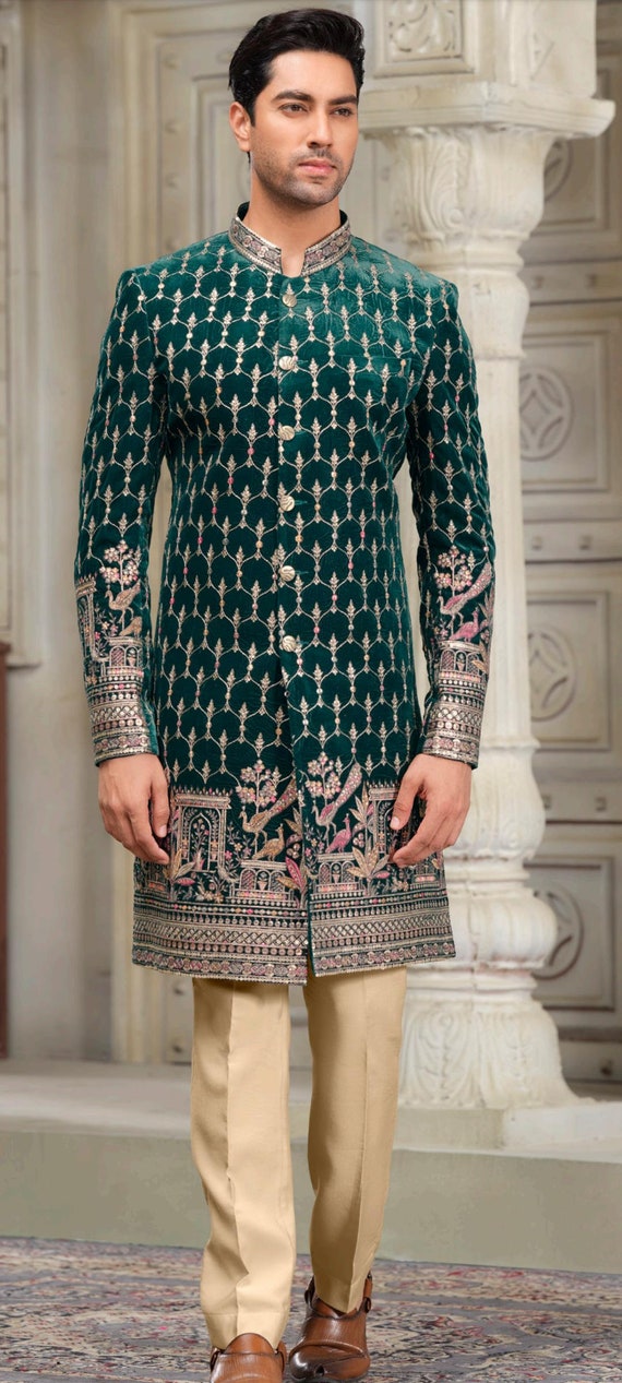 Mens Indian Latest Design For Dark Green Indo Western Sherwani Groom  Wedding Party Wear Engagement Function Occasion Ethnic Dress