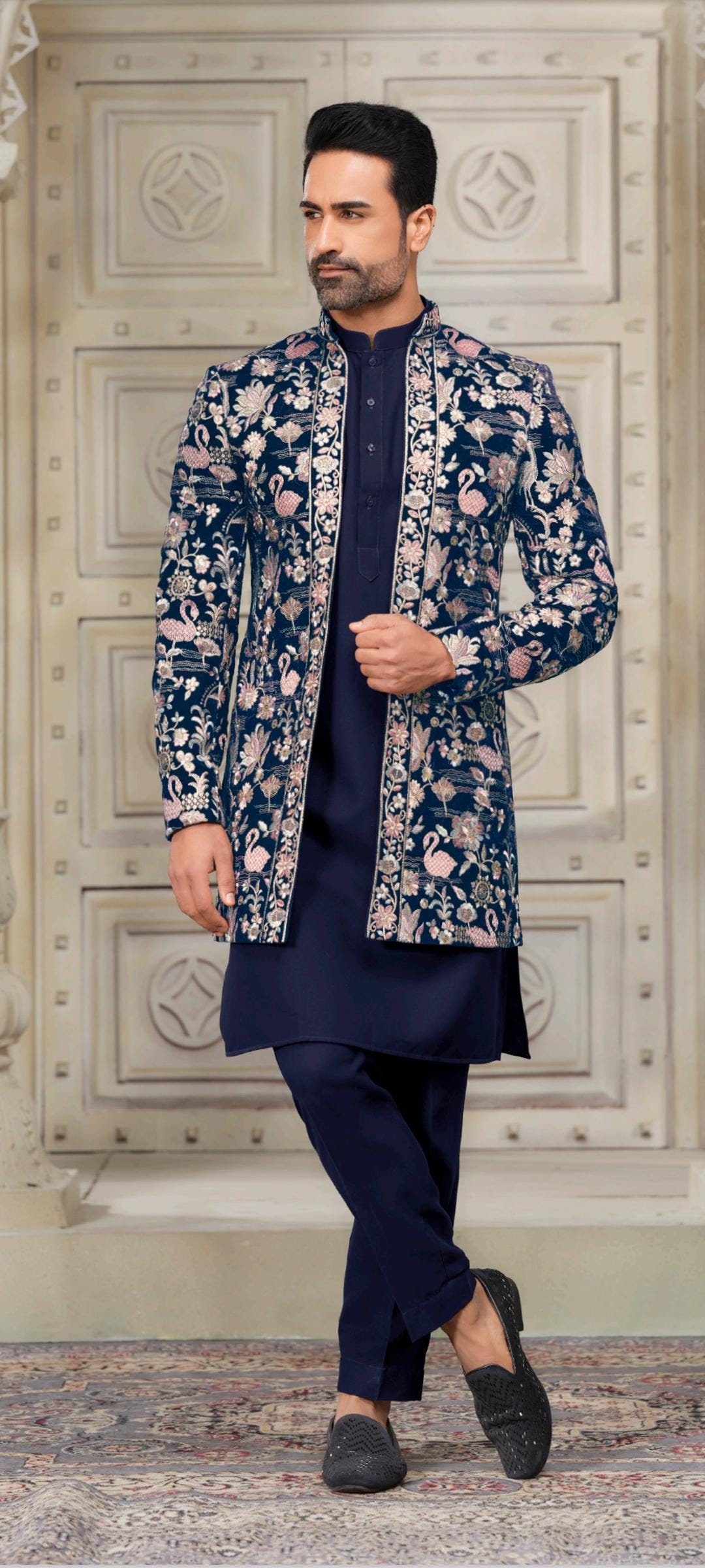 engagement dress for men blue Mens Indian Latest Design For Blue Velvet Indo Western Sherwani Groom Wedding Party Wear Engagement Function Occasion Ethnic Dress