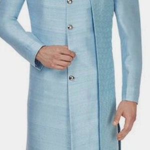 Mens Indian Latest Design For Sky Blue Indo Western Sherwani Groom Wedding Party Wear Engagement Function Occasion Ethnic Dress