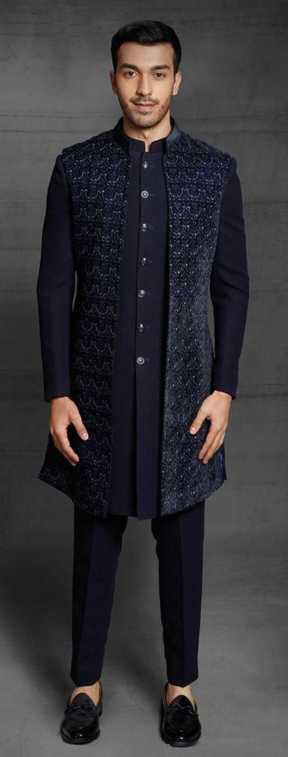 Buy Wedding Wear Sky Blue Thread Work Art Silk Mens Indo Western Online  From Surat Wholesale Shop.