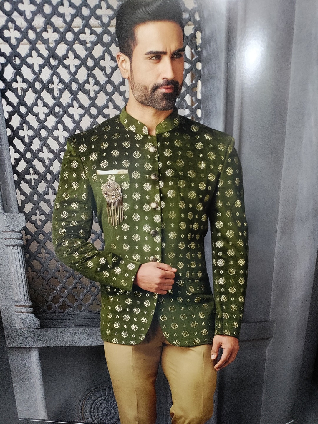 Mens Indian Latest Design for Green Jodhpur Cream Pants Groom Wedding