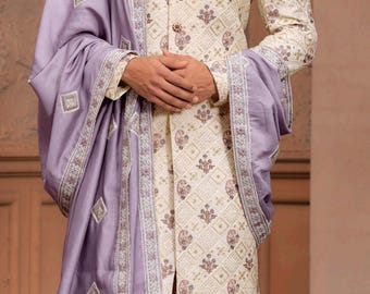 Mens Indian Latest Design For Cream Indo Western Sherwani Groom Wedding Party Wear Engagement Function Occasion Ethnic Dress
