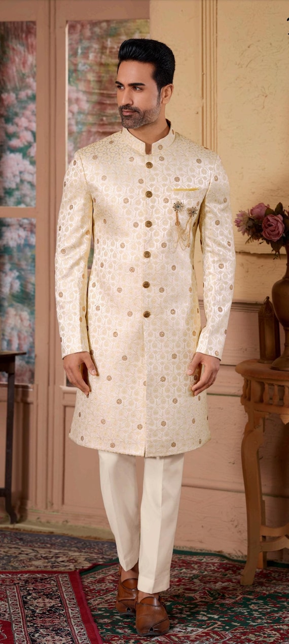 Mens Indian Latest Design cream Indo Western Sherwani Groom Wedding Party Wear Engagement Function Occasion Ethnic Dress